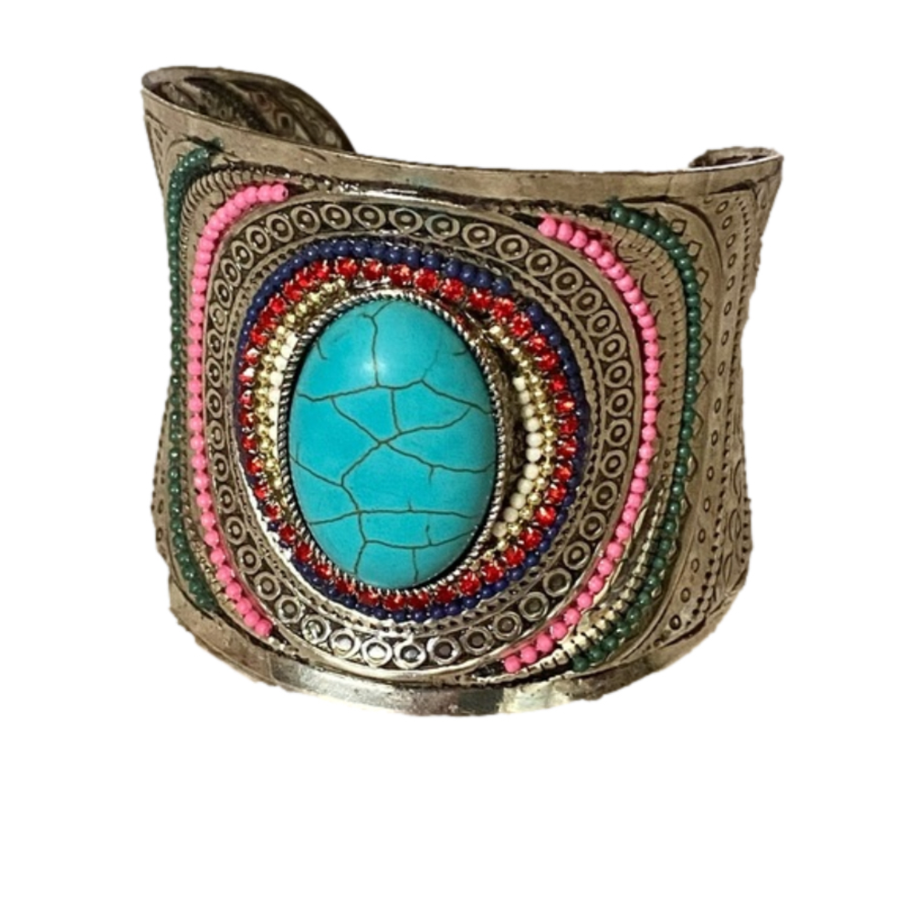 SILVER Turquoise beaded Aztec bohemian cuff bracelet